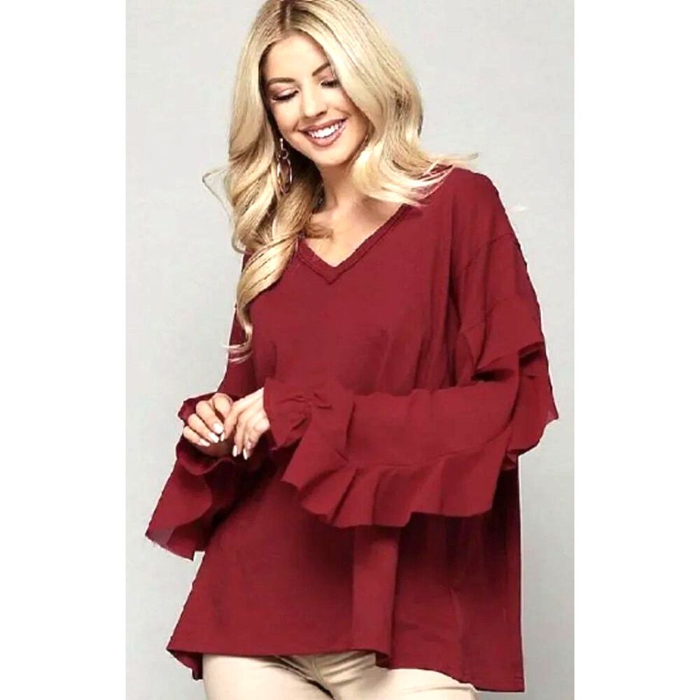 GIGIO M 8 10 L 12 14 Burgundy Knit Georgette Ruffled Long Sleeves Tunic Top New